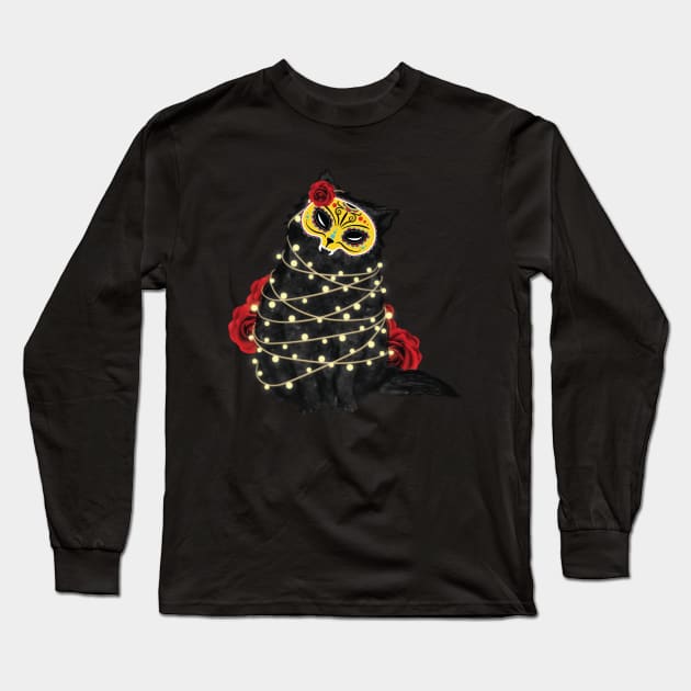 Black Calavera Cat Long Sleeve T-Shirt by monicasan